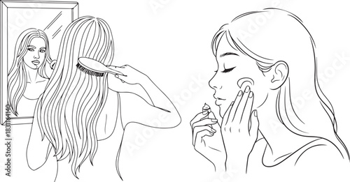 Black and White Line Art of Woman's Daily Beauty Routine