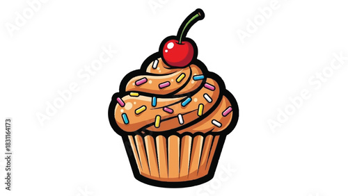 Delicious Vanilla Cupcake with Cherry and Sprinkles.