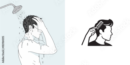 Line Art and Silhouette Illustrations of Men's Hair Care Routine