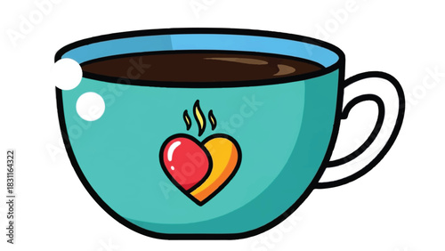 A vibrant teal coffee cup with a heart design filled with dark coffee.