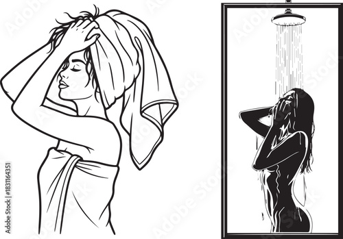 Black and White Line Art of Women in Shower and with Towel