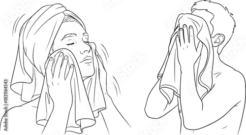 Line Art Illustration of People Drying Faces with Towels