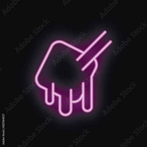 Neon sign of a hand holding chopsticks picking up noodles, representing a restaurant or asian food concept
