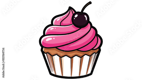 Delicious Pink Frosted Cupcake with Cherry Topping.
