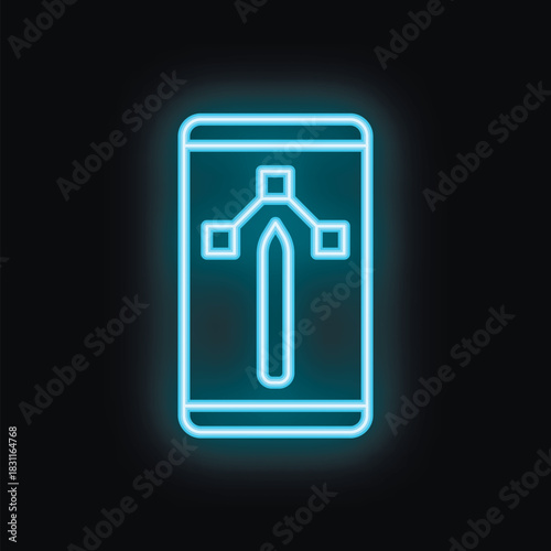 Glowing neon icon of mobile phone with stylus pen and interface elements on black background
