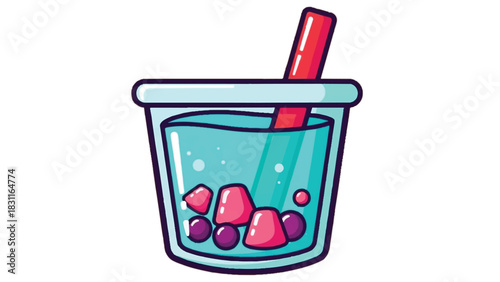 Refreshing Fruit Bubble Tea Drink with Straw and Ice Cubes.