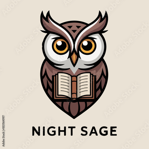 Night Sage owl mascot with open book, wise nocturnal scholar emblem for education or esports teams, modern owl shield logo vector for branding and apparel