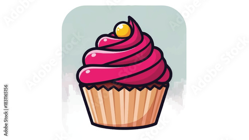 Delicious Pink Frosted Cupcake with Yellow Cherry Topping.