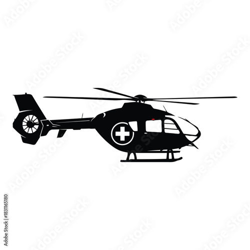 Black silhouette of a medical helicopter with a white cross emblem