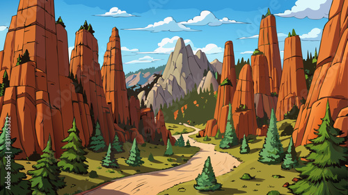 Very beautiful dramatic rock towers rise along the Cathedral Spires trail, surrounded by rugged cliffs, tall pines, and clear skies, creating a captivating hiking setting in the Black Hills wilderness