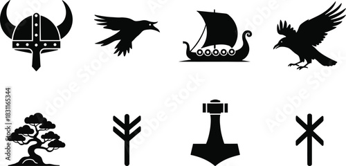 Viking symbol collection black silhouettes on white background
