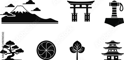 Japanese culture symbols black silhouettes set vector illustration