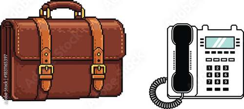 Pixel Art Brown Leather Briefcase Next to a Modern Office Landline Telephone Representing Corporate Communication Business Tools Workplace Objects Vintage Technology and Professional Equipment