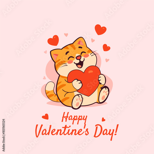 Cute orange cartoon cat hugging a big red heart, surrounded by floating hearts on a soft pink background. A sweet and playful Valentine’s Day illustration perfect for cards and love-themed designs.