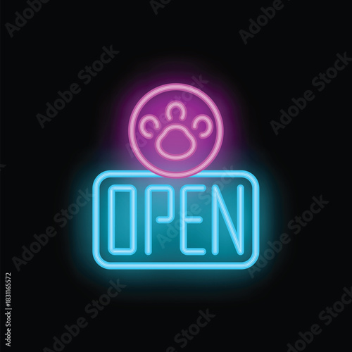 Bright pink and blue neon open sign with a paw print, welcoming pet owners to a pet shop or veterinary clinic