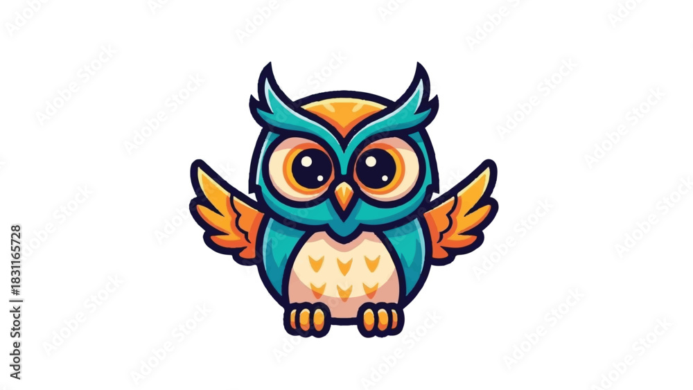 Fototapeta premium Cute Cartoon Owl With Big Eyes And Colorful Feathers.