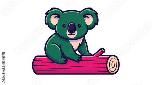 Cute Green Koala Sitting on a Pink Log.