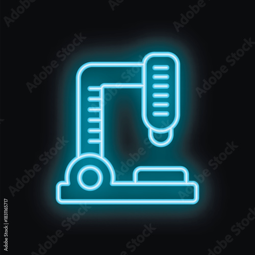 Blue neon glowing icon of an industrial 3d printer on a black background