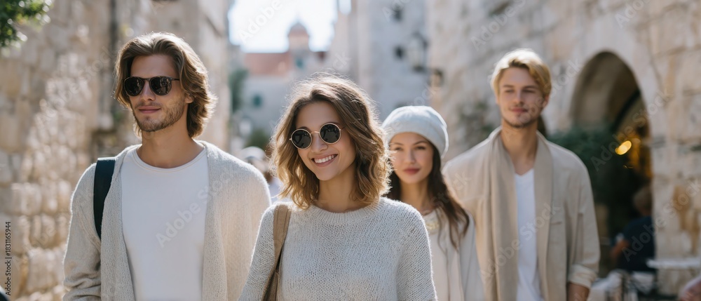 Obraz premium Urban Stroll: A group of friends enjoying a walk through the historic, stone-lined streets. A blend of joy, friendship and urban exploration.