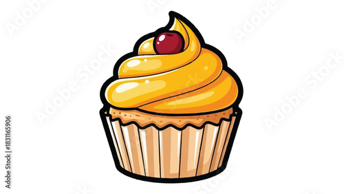 Delicious cupcake with yellow frosting and a cherry on top.
