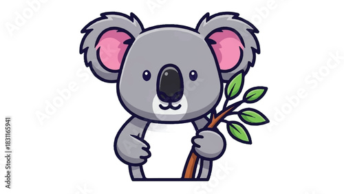 Cute cartoon koala holding a branch with green leaves.