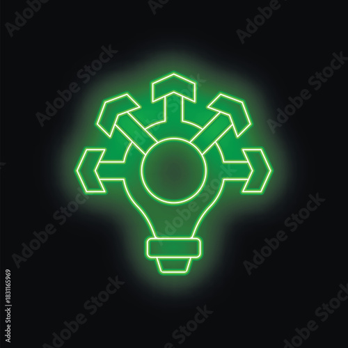 Neon green lightbulb is glowing on a black background with arrows pointing out from the center