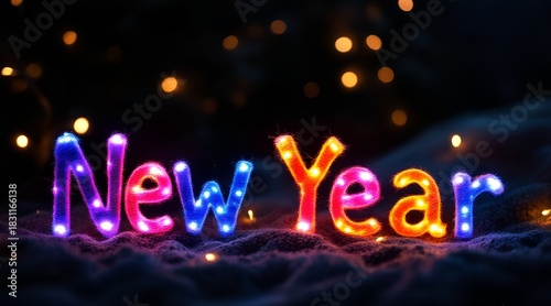 Colorful "New Year" text glowing brightly on textured ground with festive bokeh lights in background for celebration concept and seasonal greeting