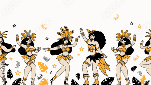 Carnival Women Dancers Seamless Border. Happy Female Character in Masquerade Costumes with Feathers on White Background. Color Hand-Drawn Doodle. Vector horizontal Illustration. Not AI