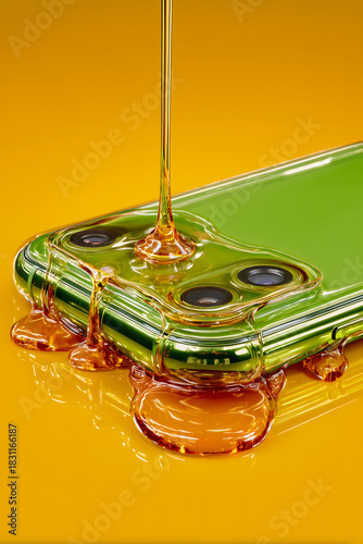 Honey being poured onto a vibrant green smartphone with a triple camera module on a yellow background, creating a sticky mess.