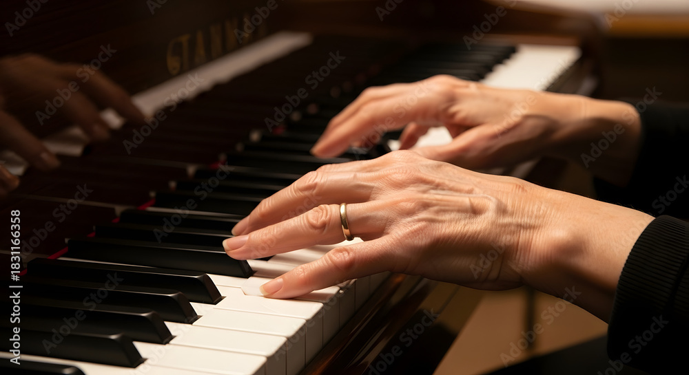 Fototapeta premium Hands playing piano with focus on fingers and keys indoors 