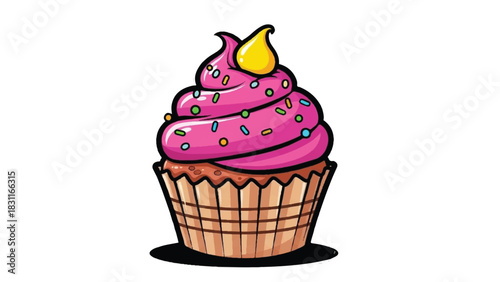 A Delicious Pink Frosted Cupcake with Sprinkles and a Yellow Cherry on Top.