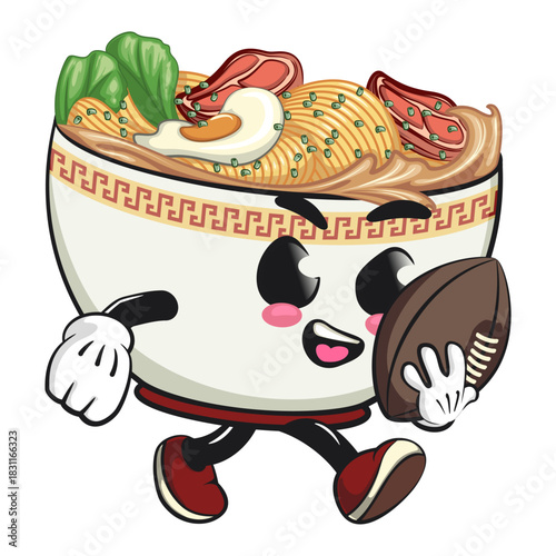 cute ramen noodle bowl mascot playing american football, kawaii asian food cartoon vector illustration, work of hand drawn
