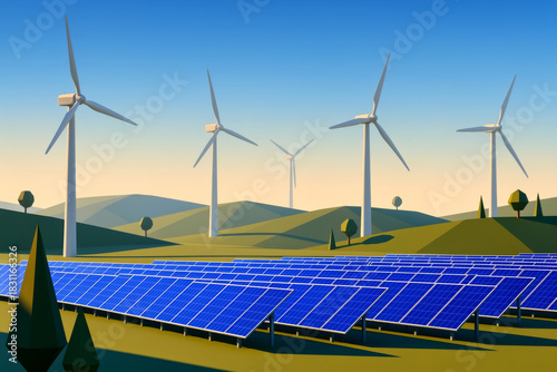 Modern wind turbines and solar panels in stylized landscape with rolling hills and clear sky, showcasing renewable energy sources in peaceful environment
