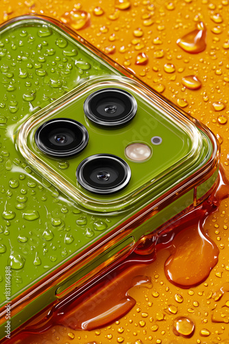 A close-up shot of a green smartphone's triple camera module covered in water droplets on a vibrant orange background.