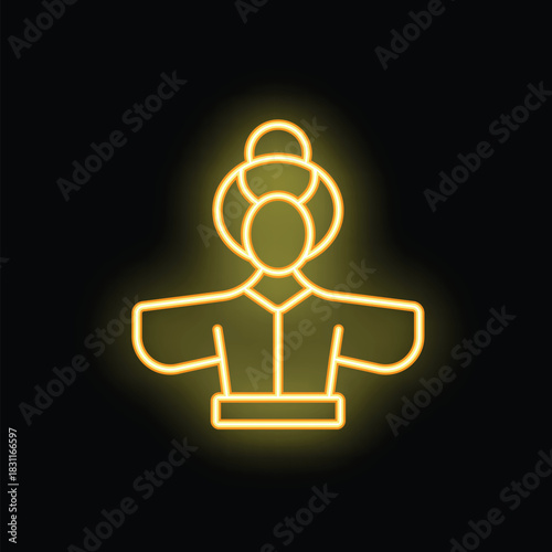 Bright yellow neon sign representing a geisha wearing a kimono dress and a traditional hairstyle, on a black background
