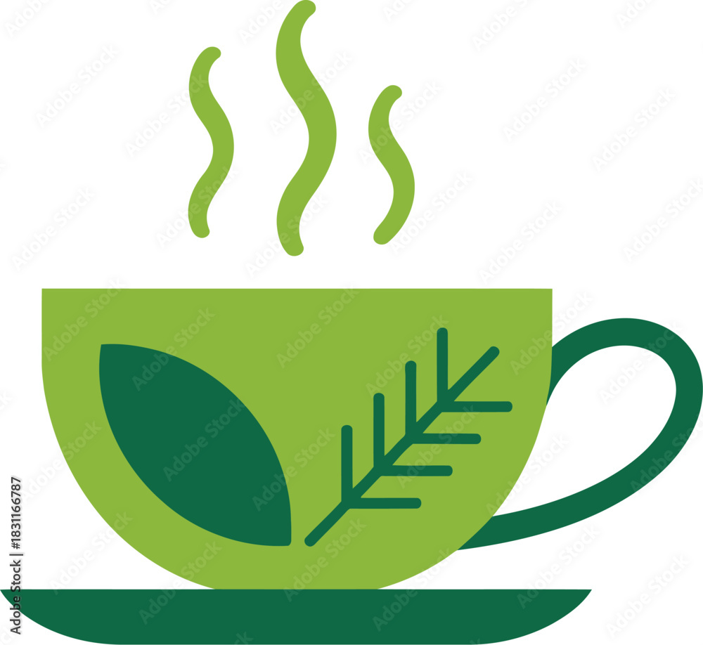 Obraz premium Green herbal tea cup with leaf vector illustration healthy beverage art