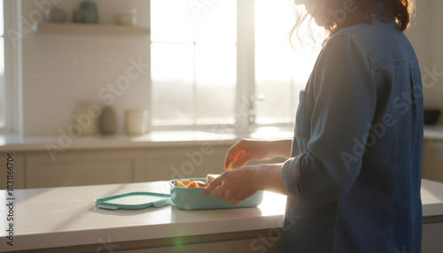 Woman hands preparing a sandwich and apple fruit in a lunch box on a kitchen counter. Everyday routine making a healthy meal prep for normal domestic life.