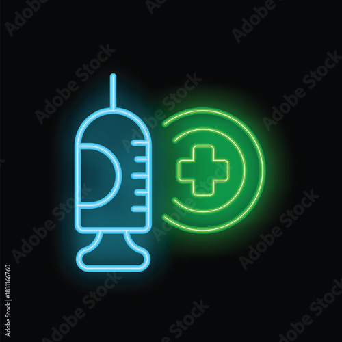 Neon syringe and medical cross sign glowing on dark background representing healthcare and medicine