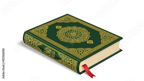 An ornate green and gold holy book with a red bookmark, likely the Quran, resting on a white background.