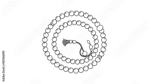 Detailed black and white illustration of prayer beads with a tassel, coiled in a circular shape.