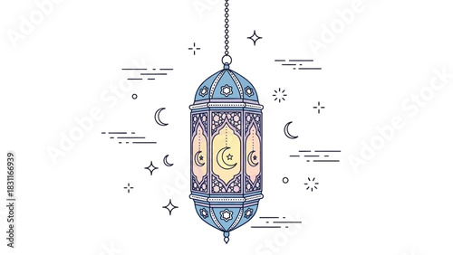 A detailed line art illustration of a traditional Ramadan lantern with crescent moons and stars, glowing with festive light.