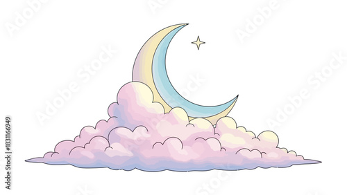 A whimsical illustration of a crescent moon and a star nestled on soft, pink and purple clouds.
