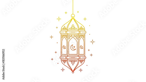 Ornate gradient Ramadan lantern with crescent moon and star, surrounded by sparkling stars, on a white background, line art style.