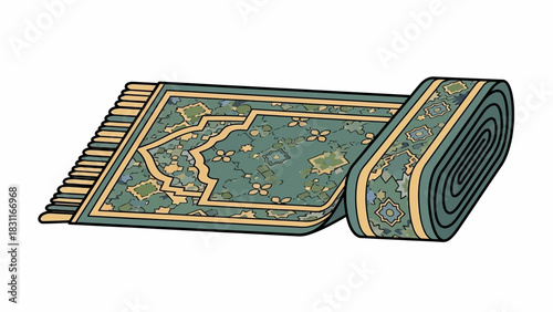 A detailed illustration of a traditional patterned rug, partially unrolled, showing its intricate design and fringed edge.