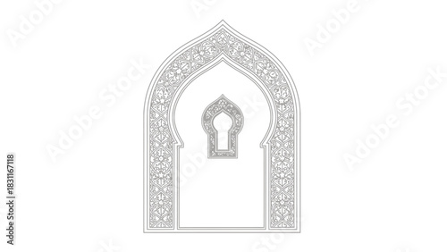 Ornate Islamic archway design with intricate patterns and a stylized keyhole shape inside.