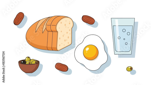 An illustration featuring a variety of breakfast or snack items including sliced bread, a fried egg, almonds, olives in a bowl, and a glass of water.