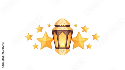 Ornate golden lantern with intricate details surrounded by a cluster of shining stars, representing festive occasions.