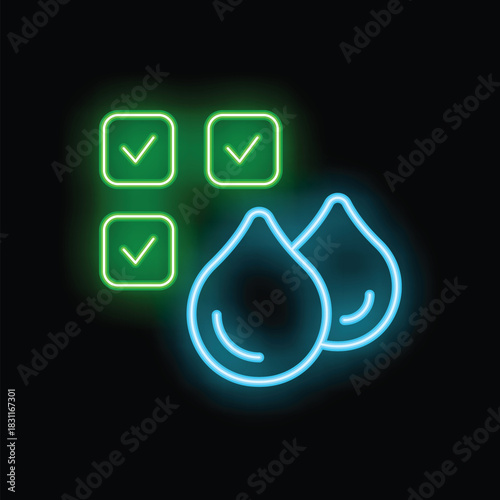 Neon icon representing a water purity test with checkmarks indicating successful results