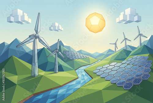Modern wind turbines and solar panels on green polygonal hills with river flowing through valley under bright geometric sun and blocky clouds in stylized landscape