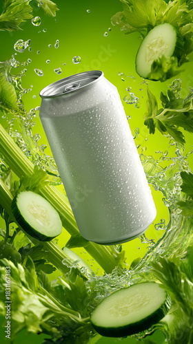 A refreshing silver aluminum can with water droplets, surrounded by fresh cucumber slices and celery stalks, against a vibrant green background with splashes.